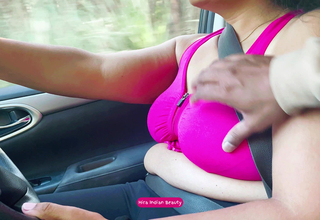 Car Fun - Stepson Unzips Desi Stepmom's Bra - Boobs Pressing in Public Road Trip