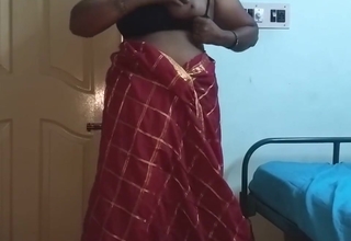 desi indian tamil telugu kannada malayalam hindi horny cheating wife vanitha wearing cherry red colour saree showing big boobs plus shaved cunt press hard boobs press nip rubbing cunt masturbation